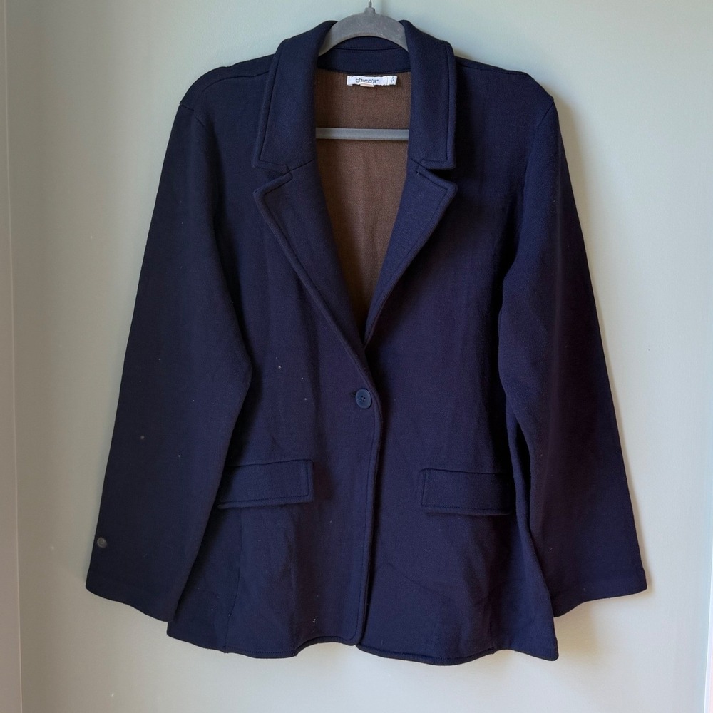 Chico's Knit Blazer Cardigan Blue Heavy Weight Single Button Pockets Size 2 L